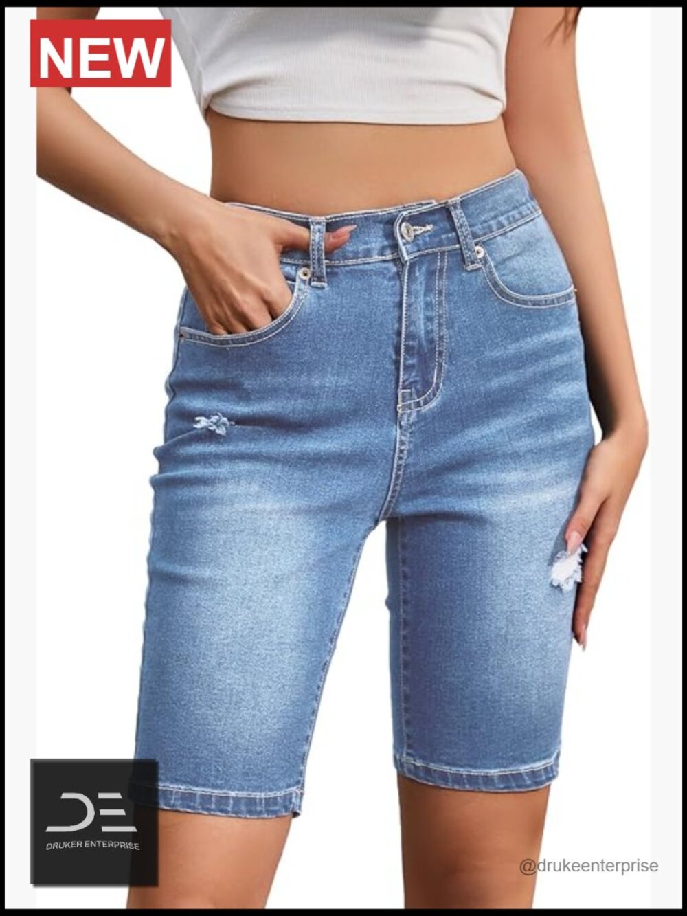 Womens Casual Summer Bermuda Shorts Elastic Waist Denim High Rise Distressed